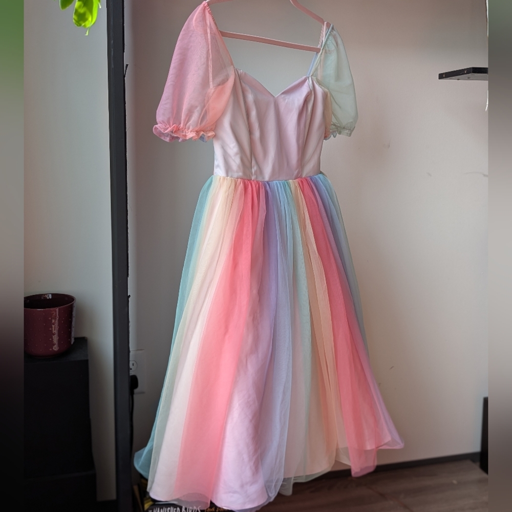 Fairy Collectif Skylar Pastel Rainbow Puff Sleeve Babydoll Swing Dress Small - Picture 2 of 14